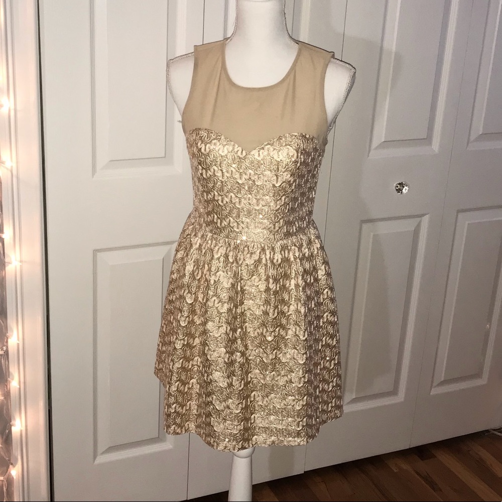 Gold Glitter Sheer Neckline Dress